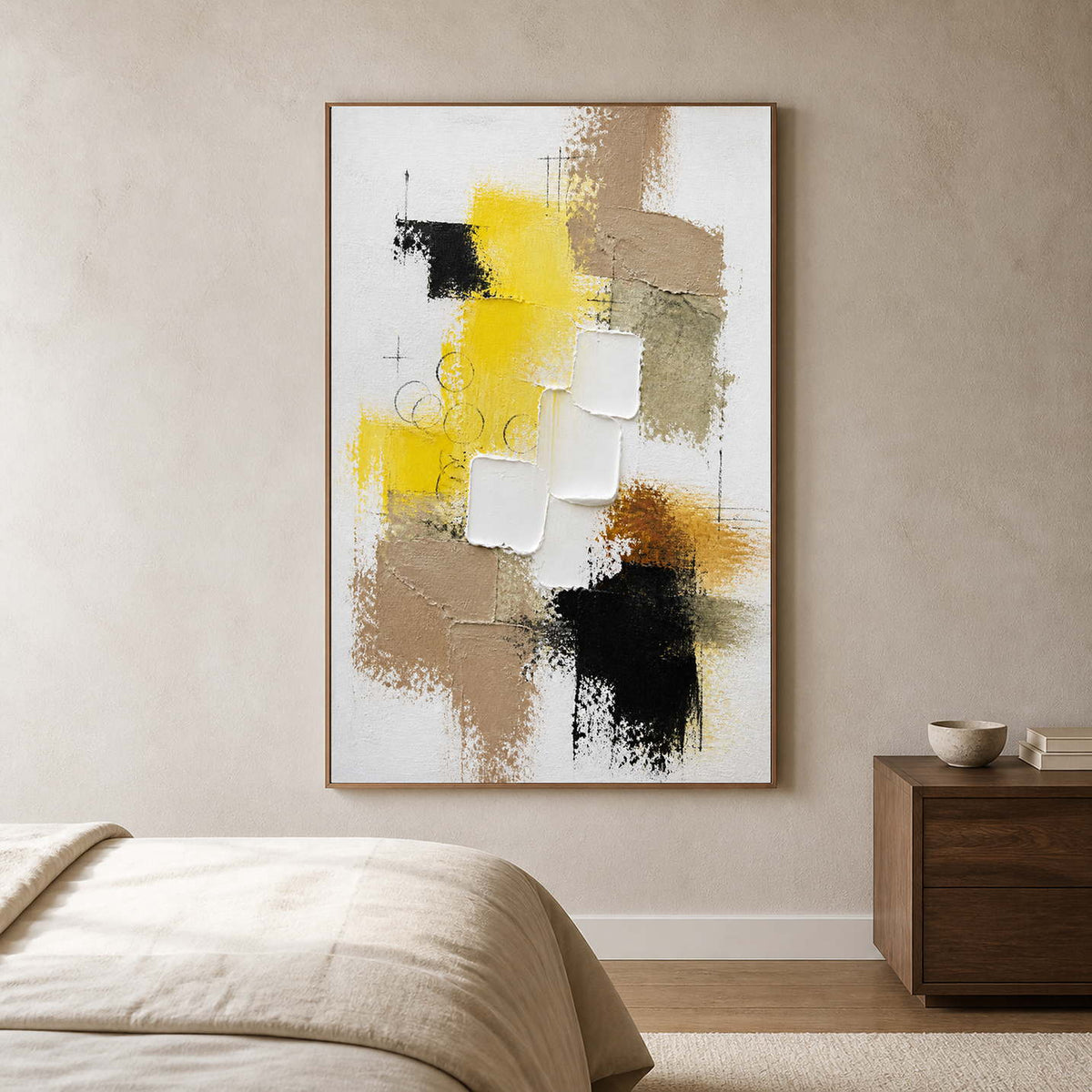 Vertical textured yellow wall art adding a bright accent to a calm bedroom.