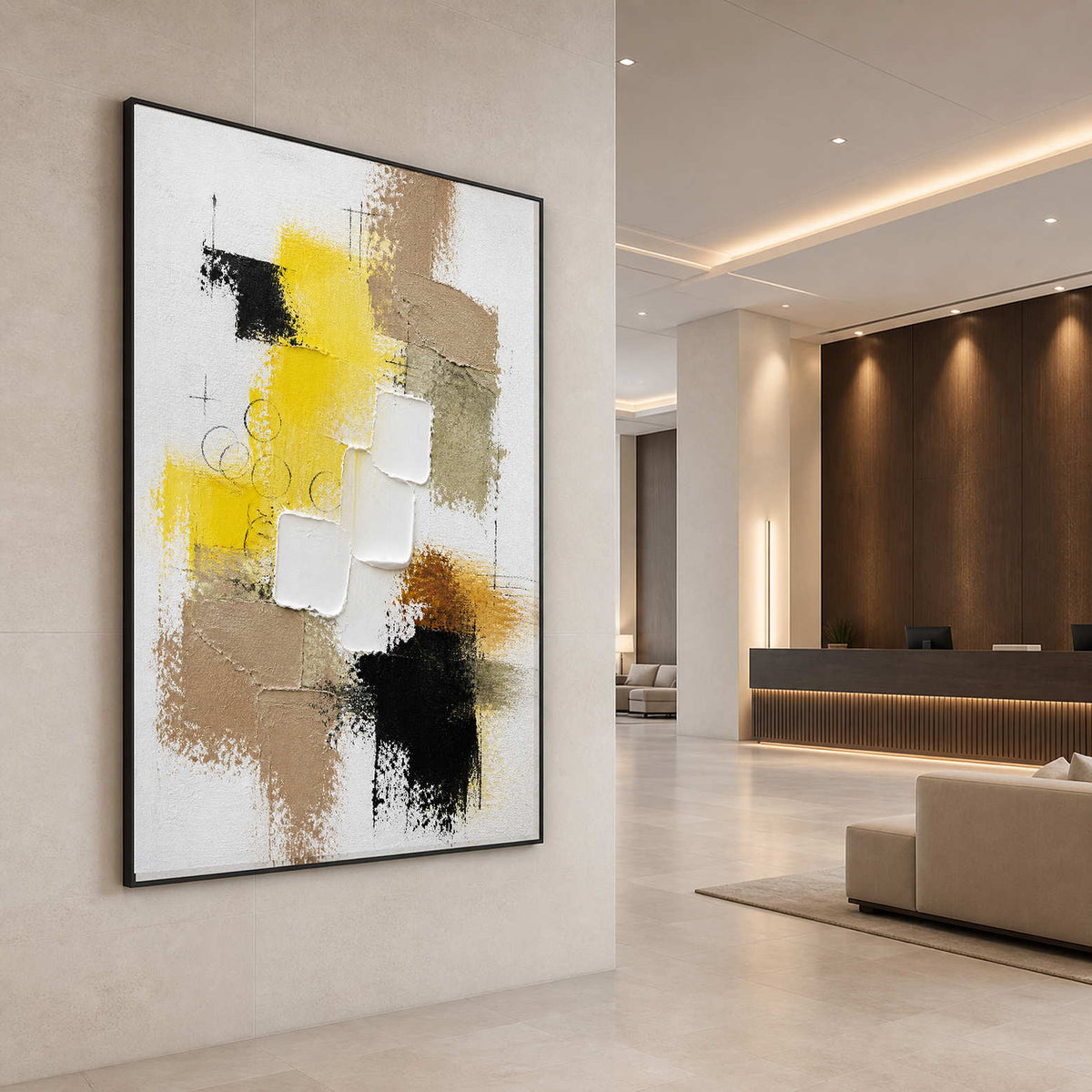 Bold yellow abstract wall art displayed in a spacious contemporary hotel lobby.
