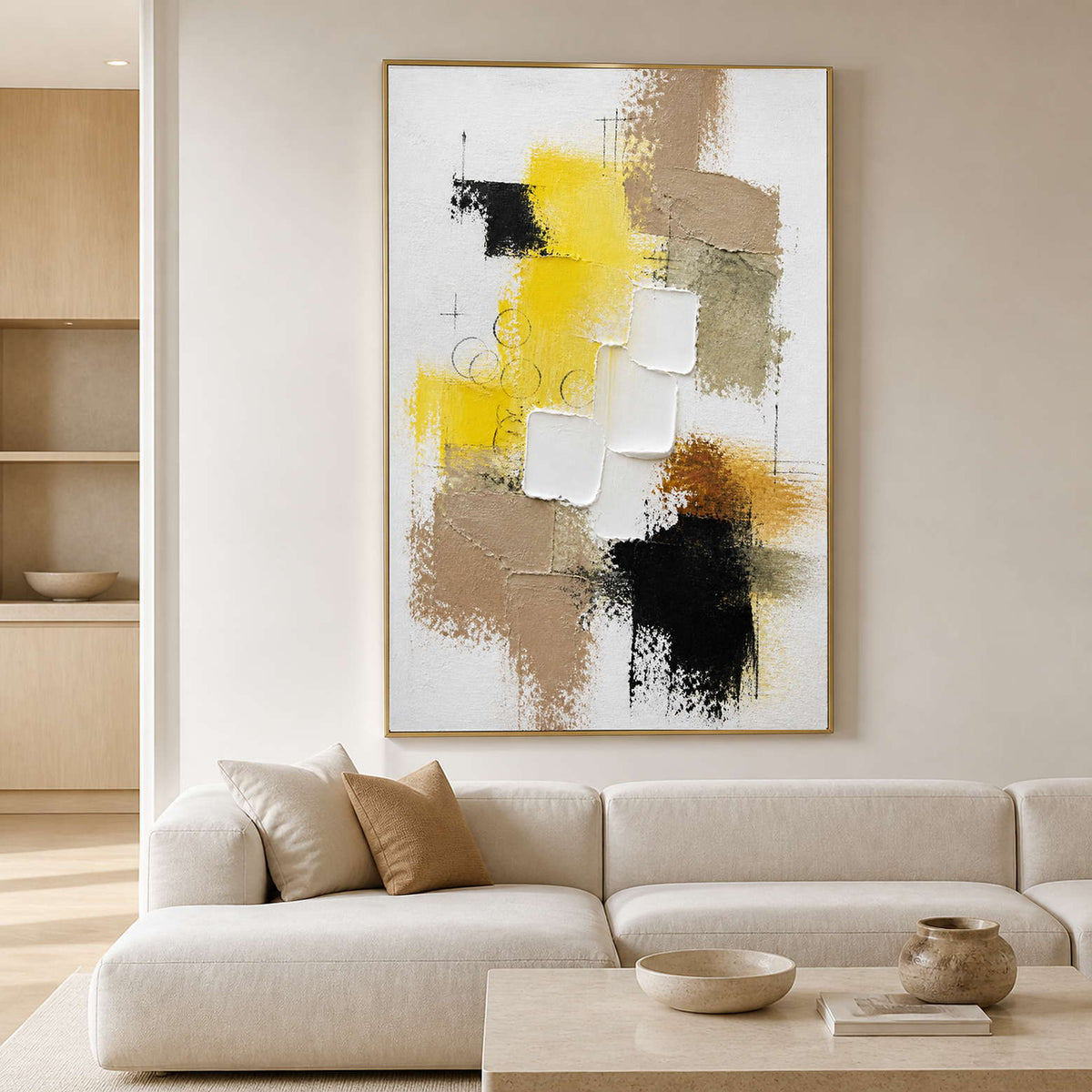 Yellow textured abstract wall art displayed above a warm neutral living room sofa.