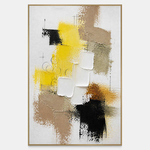 Vertical abstract wall art in yellow, white, taupe, olive, and black with raised blocks.