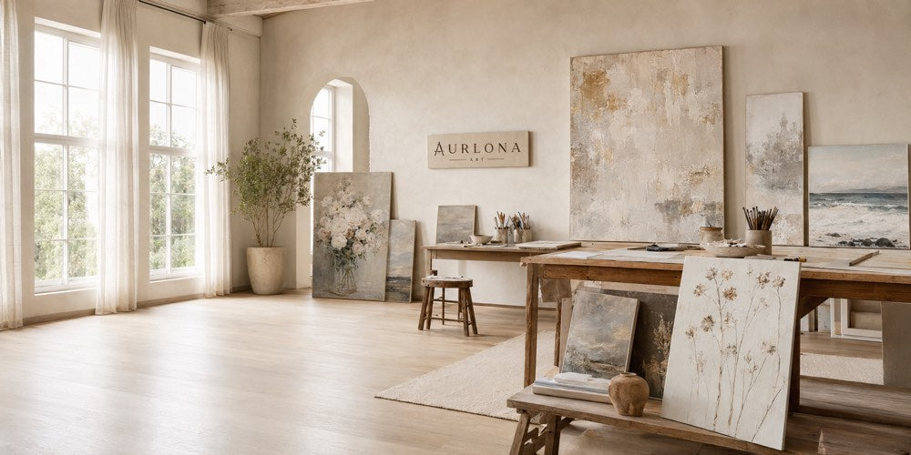 An AURLONA studio setting with paintings in progress
