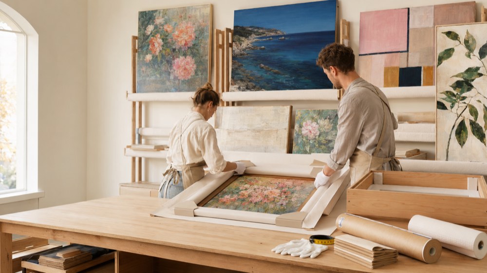 An artwork being carefully prepared for delivery